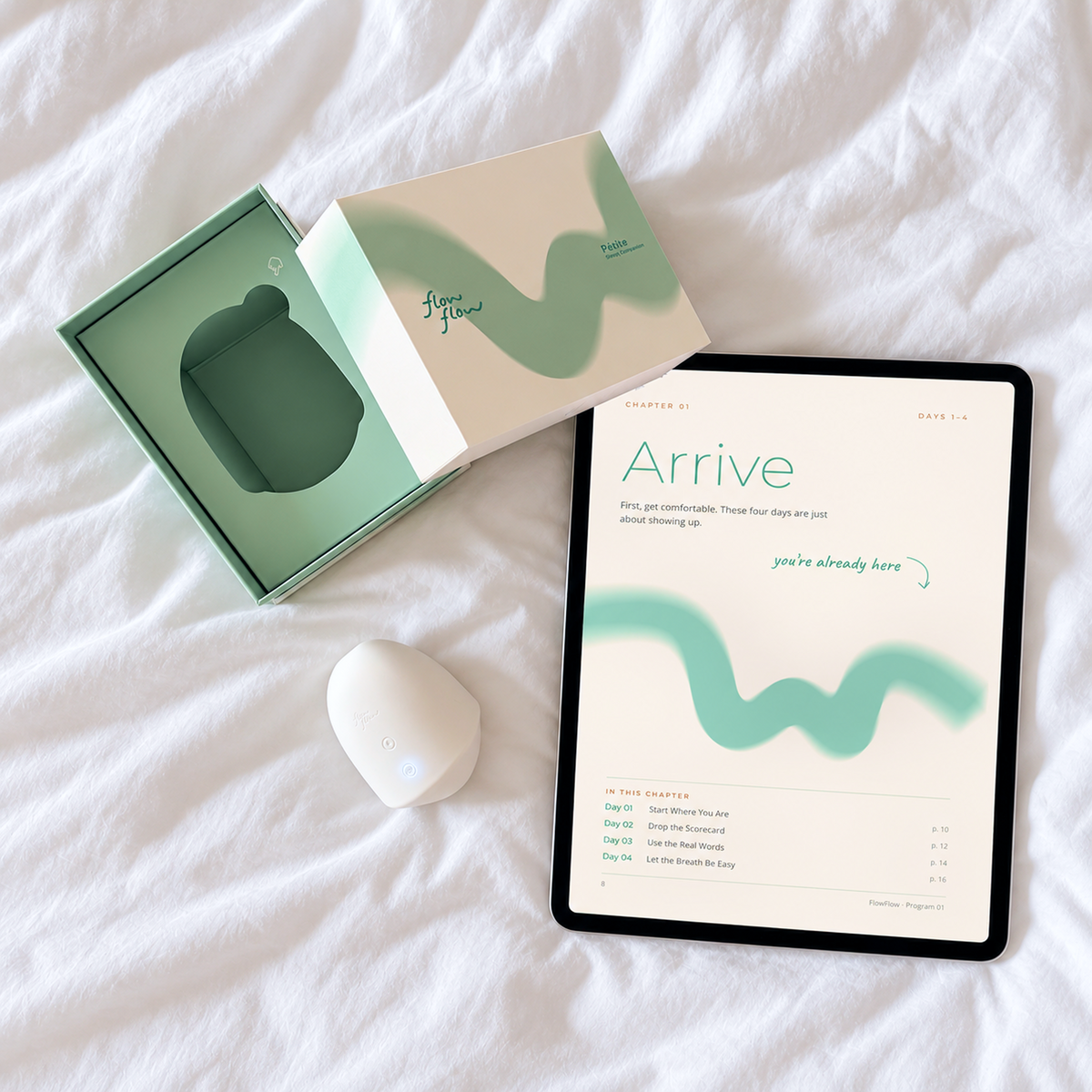 FlowFlow wellness companion beside the 28-day body awareness journal