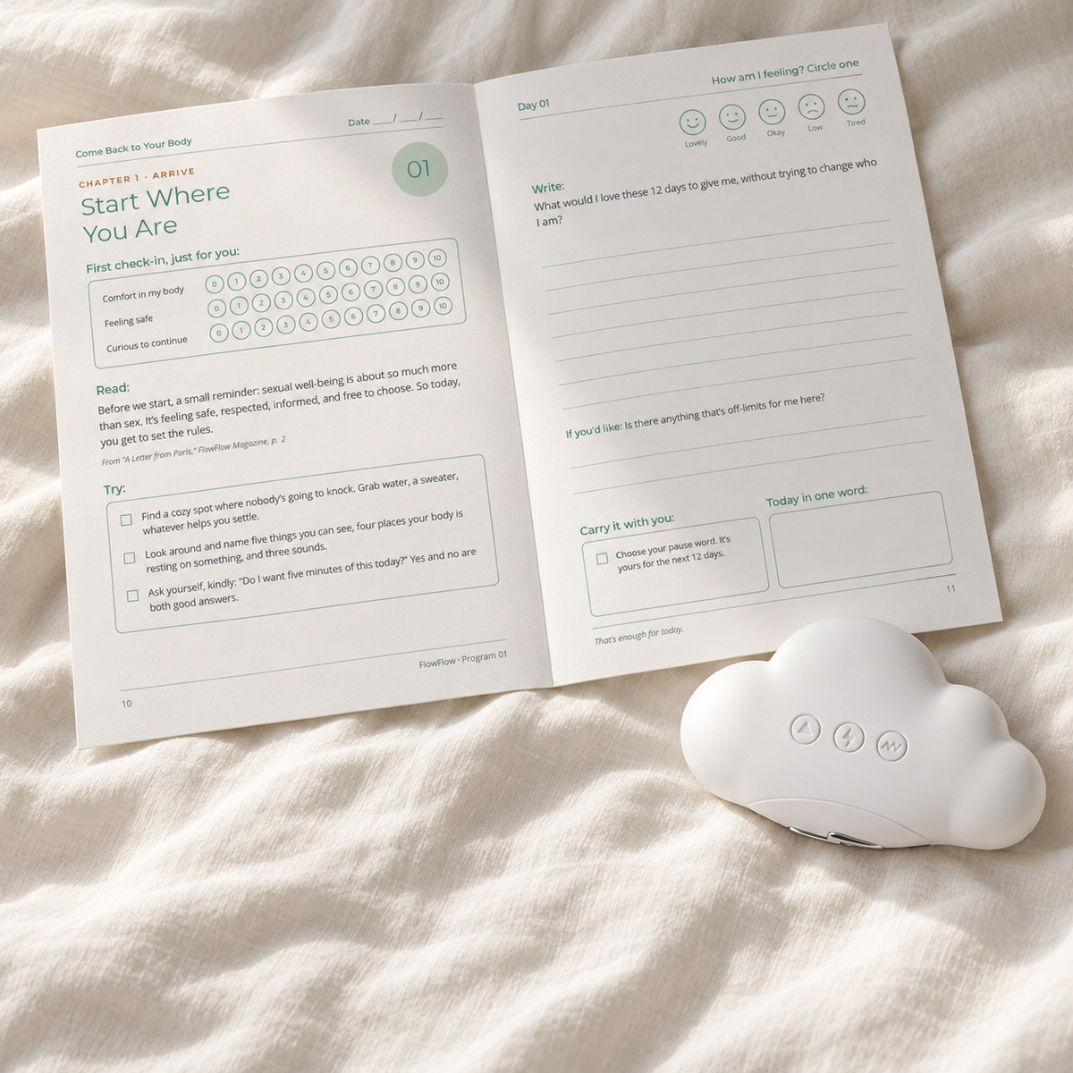 Home-printed Day 1 journal spread with Mousse on sand-white linen; journal is a digital PDF